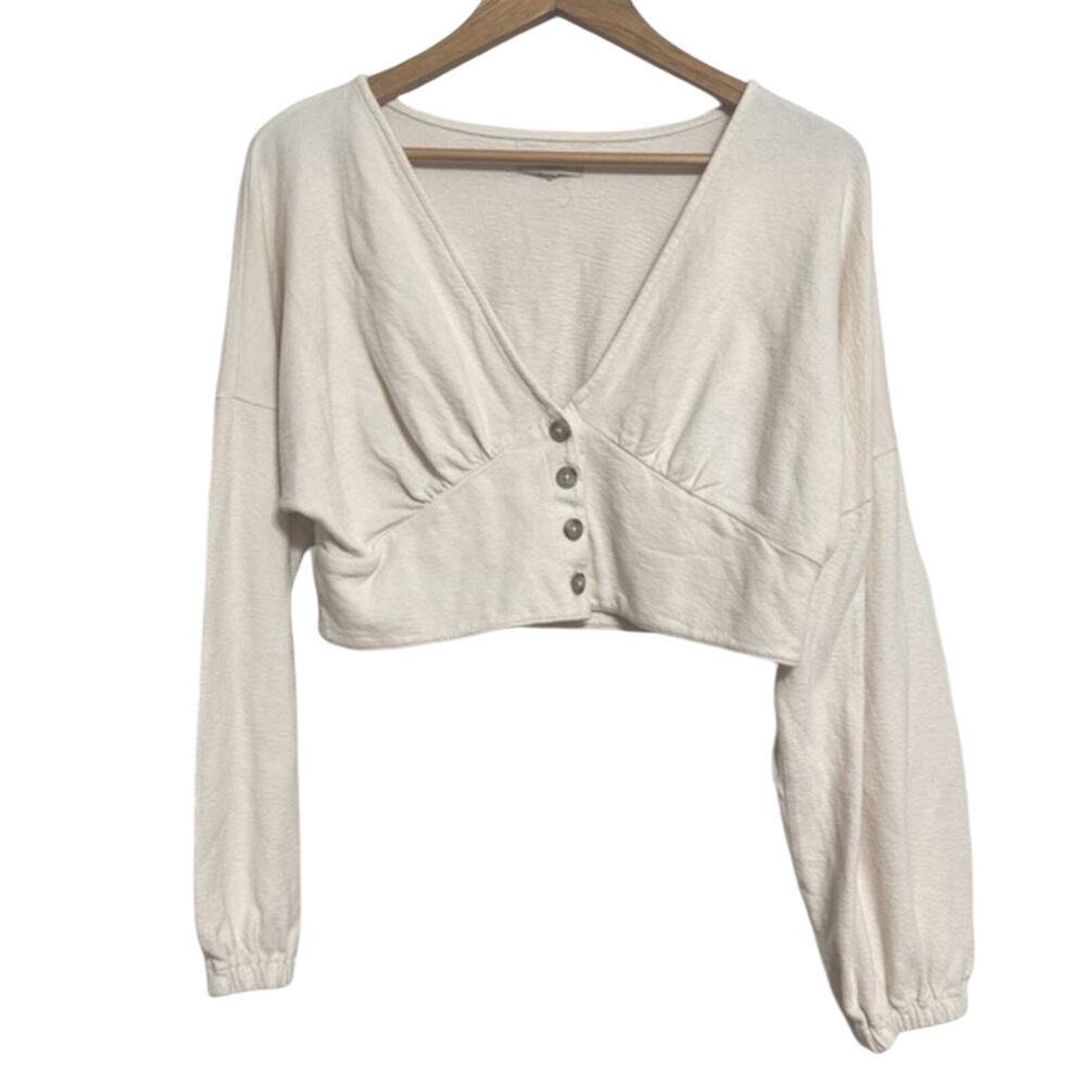 MADEWELL Women's Deep-V Button-Front Crop Top Ivory White Size L